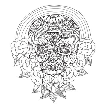 Hand drawn sketch illustration of mexican skull for adult coloring book.