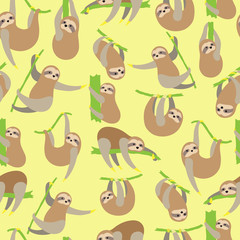 Cute sloths seamless pattern on yellow background. 