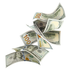 Flying 100 American dollars banknotes, isolated on white background