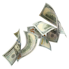 Flying 100 American dollars banknotes, isolated on white background
