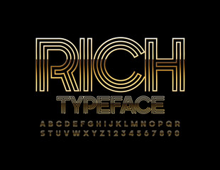 Vector Rich Typeface. Uppercase Golden Font. Creative elite Alphabet Letters, Numbers and Symbols