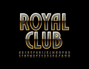 Vector elite logo Royal Club with elegant Alphabet. Uppercase Black and Golden Font. Luxury shiny Letters and Numbers set