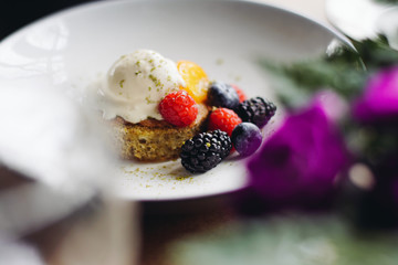 dessert with ice cream and berries