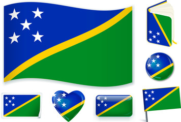 Solomon Islands flag wave, book, circle, pin, button, heart and sticker.