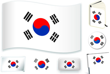 South Korea. South Korean flag wave, book, circle, pin, button, heart and sticker.