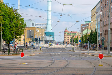 City street with tram tracks in Gothenburg, Sweden
