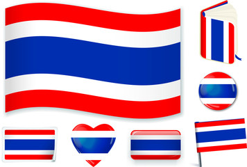 Thai. Thailand flag wave, book, circle, pin, button, heart and sticker.