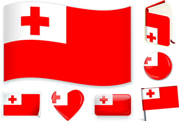 Tonga flag wave, book, circle, pin, button, heart and sticker.