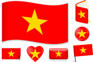 Vietnam. Vietnamese flag wave, book, circle, pin, button, heart and sticker.