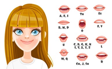 Cute blond girl talking mouth animation. Female character speak mouths expressions