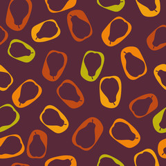 A seamless vector pattern with scattered spots with cut out pear shapes. Surface print design.