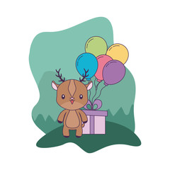 cute reindeer with gift box and balloons helium