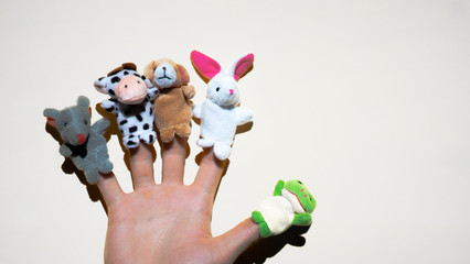 Puppet theater of doll  animals. Hand wearing finger puppets: rat, frog, dog, rabbit, cow, mouse....