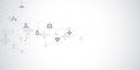 Abstract medical background with flat icons and symbols. Template design with concept and idea for healthcare technology, innovation medicine, health, science and research.