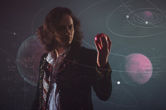 History of science, concept. Isaac Newton with Apple in hand