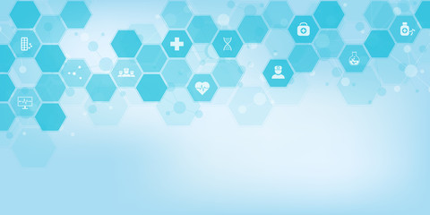 Abstract medical background with flat icons and symbols. Template design with concept and idea for healthcare technology, innovation medicine, health, science and research.