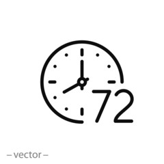 72 hr, clock icon, time linear sign isolated on white background - editable vector illustration