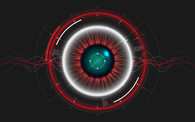 Digital eye HUD UI. Abstract Technology background. Information protection and Data security technology. Big data monitoring concept. Spaceship holographic target dashboard. Vector illustration