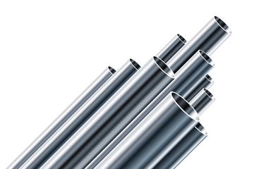 Steel or Aluminum pipes of different diameters isolated on white background. Glossy 3d Steel Tubes design. Industrial Vector illustration.