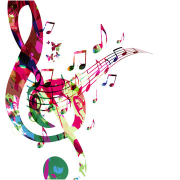 Music background with colorful G-clef and music notes vector illustration design. Artistic music festival poster, live concert events, party flyer, music notes signs and symbols