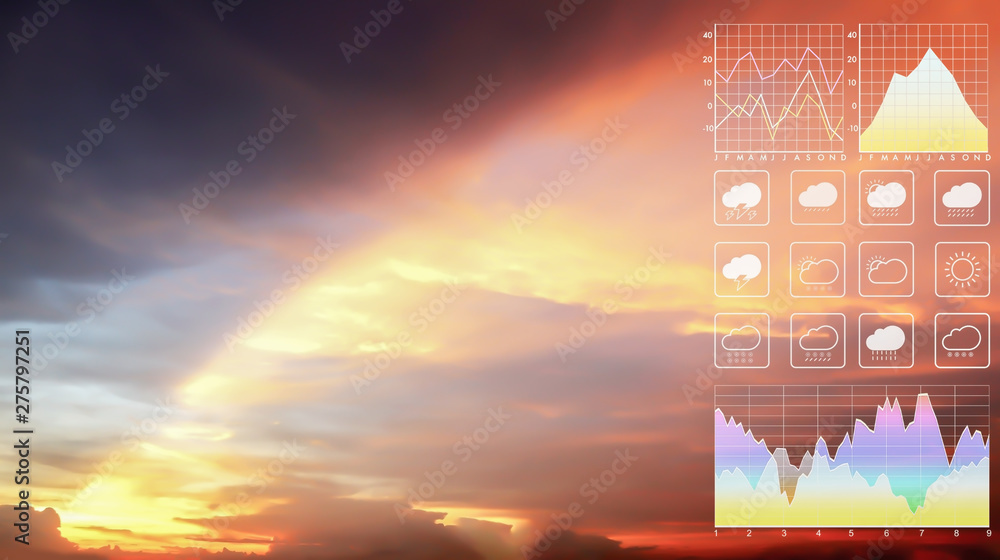 Wall mural weather forecast symbol data presentation with graph and char of dramatic atmosphere panorama view o
