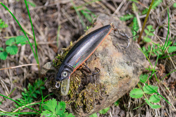 fishing accessories. Baubles and lures lying on a stone with a forest background