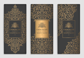 Black and gold packaging design of chocolate bars. Vintage vector ornament template. elegant, classic elements. Can be used for background, wallpaper or any desired idea.