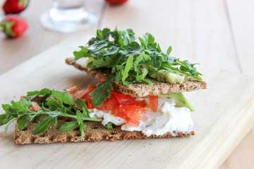 healthy Breakfast of cottage cheese, herbs and bread