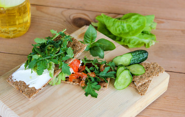 healthy Breakfast of cottage cheese, herbs and bread