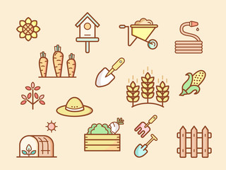 Vector illustration of a colorful farm and agriculture elements. Contains such as corn, hose, handcart, garden tool and more. flat illustration style line drawing and background color brown.