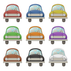 Set of cute vector cartoon colored cars isolated on white background