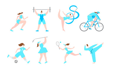 Women Professional Sport Cartoon Characters. Healthy Fitness Lifestyle. Girl Female Activities. Flat Vector Illustration