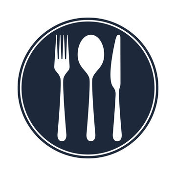 Cutlery icon. Spoon, fork and knife in the circle. Isolated image on white background. Restaurant menu symbol. Vector illustration