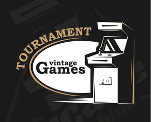 Vector image. Illustration of a logo, emblem, company element. Game design, old, retro, vintage arcades. Arcade machine slot machine board games