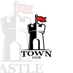 Vector logo retro style, emblem, company logo, banner. Black and white image of the fortress, castle, tower. On a white background. A symbol of protection, unassailability, stability.