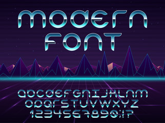 Color, bright font in the old style. Vector, vintage alphabet. Style 80 s, 90 s retro posters. Color gradient. Futuristic style.