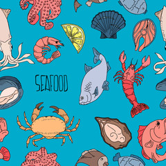 Seafood hand drawn seamless pattern. Design element for poster, wrapping paper. seamless background