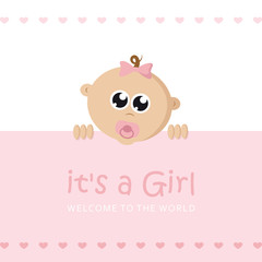 its a girl welcome greeting card for childbirth with baby face vector illustration EPS10