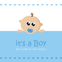 its a boy welcome greeting card for childbirth with baby face vector illustration EPS10