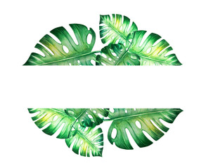 Beautiful frame of tropical leaves. Monstera, palm. Watercolor painting. Exotic plant drawing. Copy and text space. Botanical composition. Greeting card. Painted background. Hand drawn illustration.