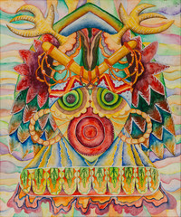 Fototapeta premium Symmetrical abstraction composition. Watercolor drawing. Mask of a fantastic image. Portrait of an alien creature.