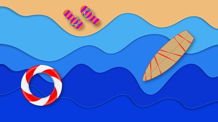 Paper cut style background with layered sea, beach, surfboard, flip flops and lifebuoy. Vector origami travel concept.