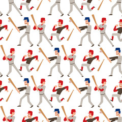 Baseball team player vector sport man in uniform game poses situation professional league sporty character winner seamless pattern background illustration.