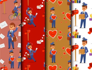 Postman delivery man character vector courier occupation carrier package mail shipping deliver professional people with envelope seamless pattern background.