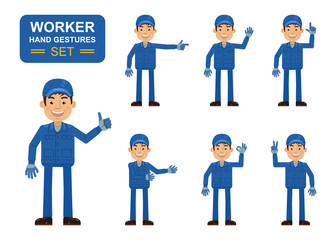 Set of auto mechanic characters showing different hand gestures. Cheerful worker showing thumb up gesture, this way, greeting, waving, pointing up, victory sign. Flat style vector illustration