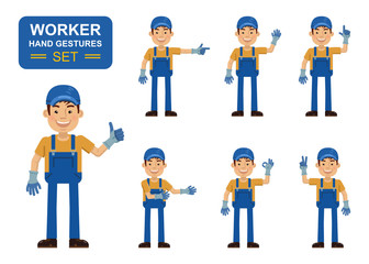 Set of auto mechanic characters showing different hand gestures. Cheerful worker showing thumb up gesture, this way, greeting, waving, pointing up, victory sign. Flat style vector illustration
