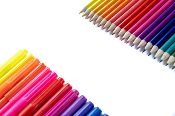Back to school concept. Closeup images of many color pencils isolated on white background. Flat lay, top view, copy space.