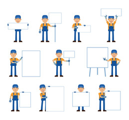 Big set of auto mechanic characters posing with different blank banners. Cheerful mechanic holding paper, poster, placard, pointing to whiteboard. Teach, advertise, promote. Flat vector illustration