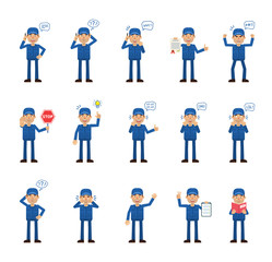 Big set of mechanic characters showing different actions, gestures, emotions. Cheerful worker talking on phone, holding stop sign, reading a book and doing other actions. Simple vector illustration