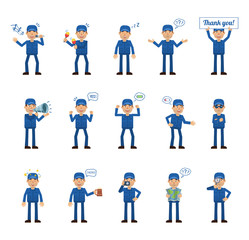 Big set of mechanic characters showing different actions, gestures, emotions. Cheerful worker singing, sleeping, holding loudspeaker, banner, map and doing other actions. Simple vector illustration